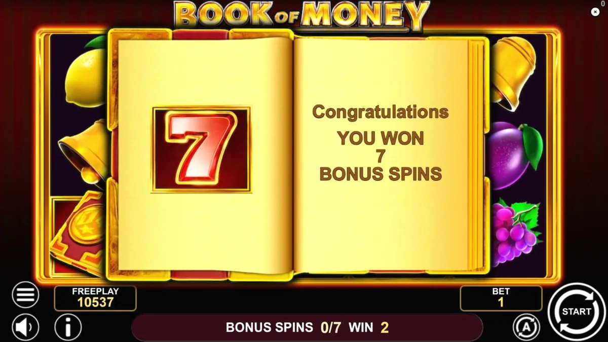 Book of Money slot game interface na may mga prutas at aklat