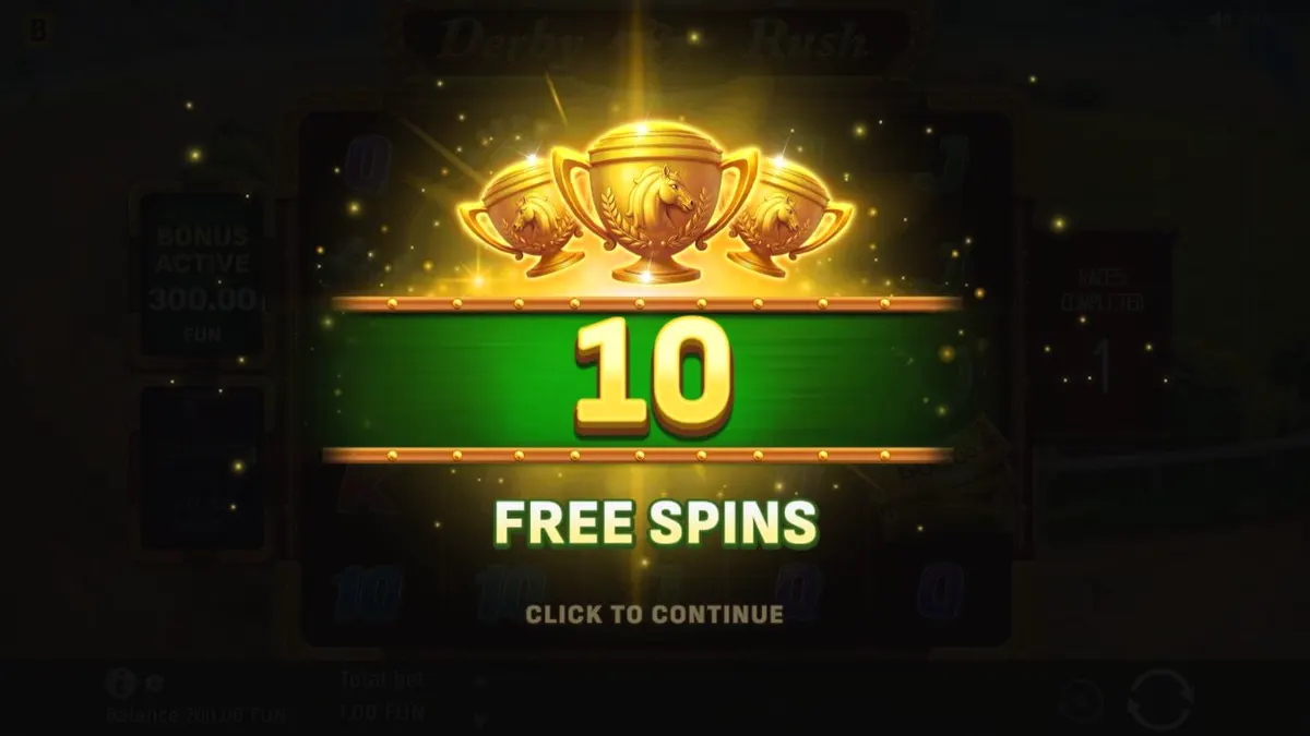 Derby Rush slot game screen na nagpapakita ng karerahan at mga simbolo