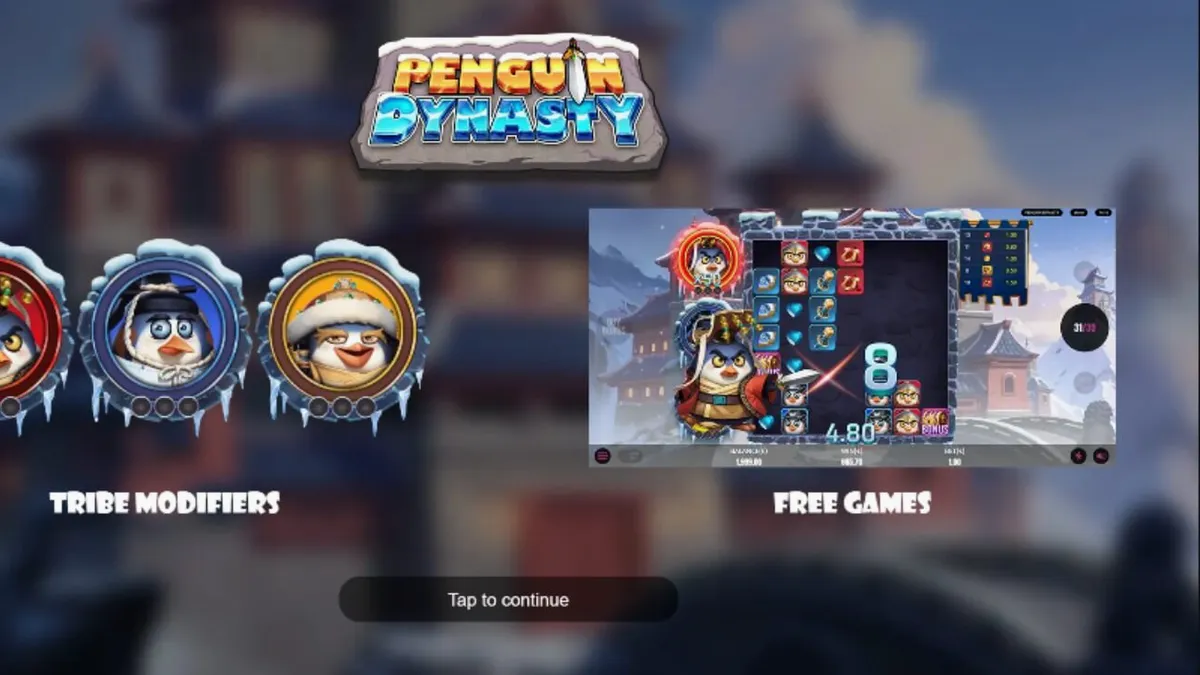 Isang makulay na eksena mula sa Penguin Dynasty slot na nagpapakita ng mga penguin na mandirigma sa isang palasyong yelo.
