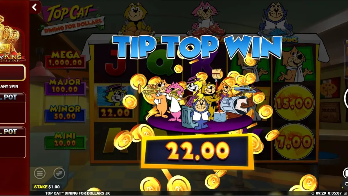 Top Cat Dining For Dollars slot game screen na may mga cartoon cats at diner theme